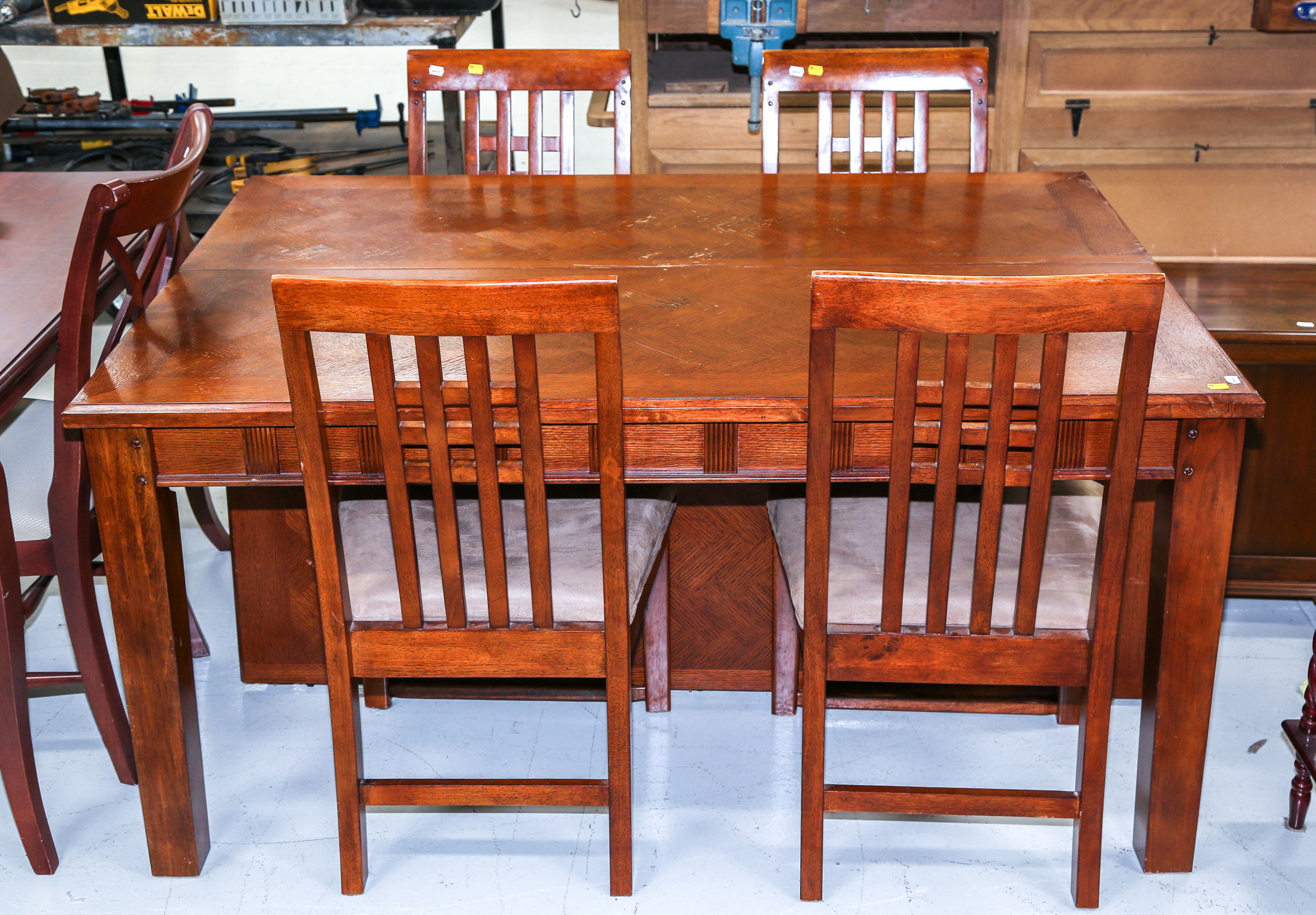 OAK LIBRARY TABLE; FOUR SIDE CHAIRS