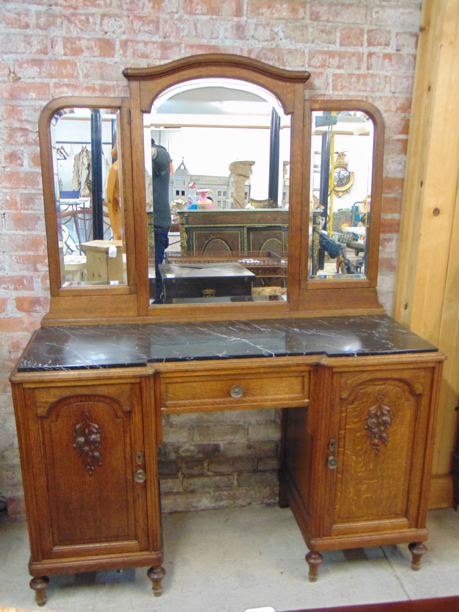 OAK MARBLE TOP VANITY WITH TRIPLE