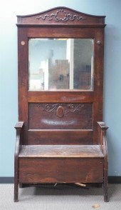 OAK MIRRORED BACK HALL BENCH,