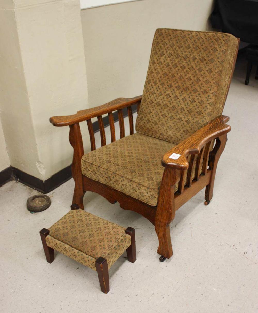 OAK MORRIS ARMCHAIR WITH FOOTSTOOL,