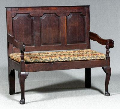 Oak paneled-back settle bench, of