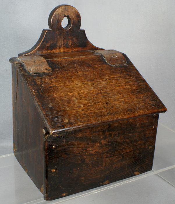 Oak salt box with leather hinges,