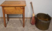 OAK SEWING TABLE, A BRASS BUCK