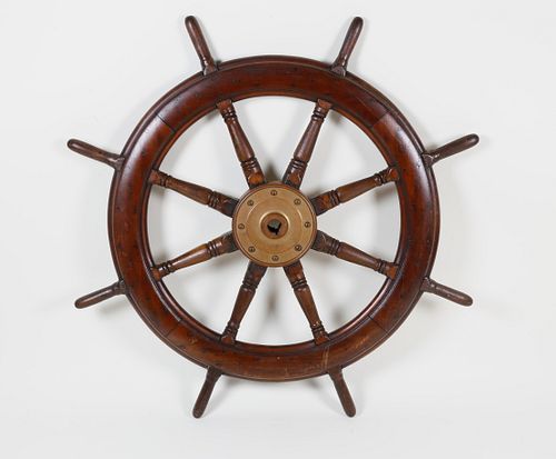 OAK SHIP'S WHEEL WITH BRASS