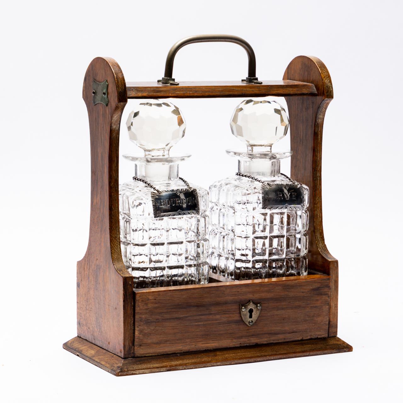 OAK TANTALUS WITH DECANTERS &