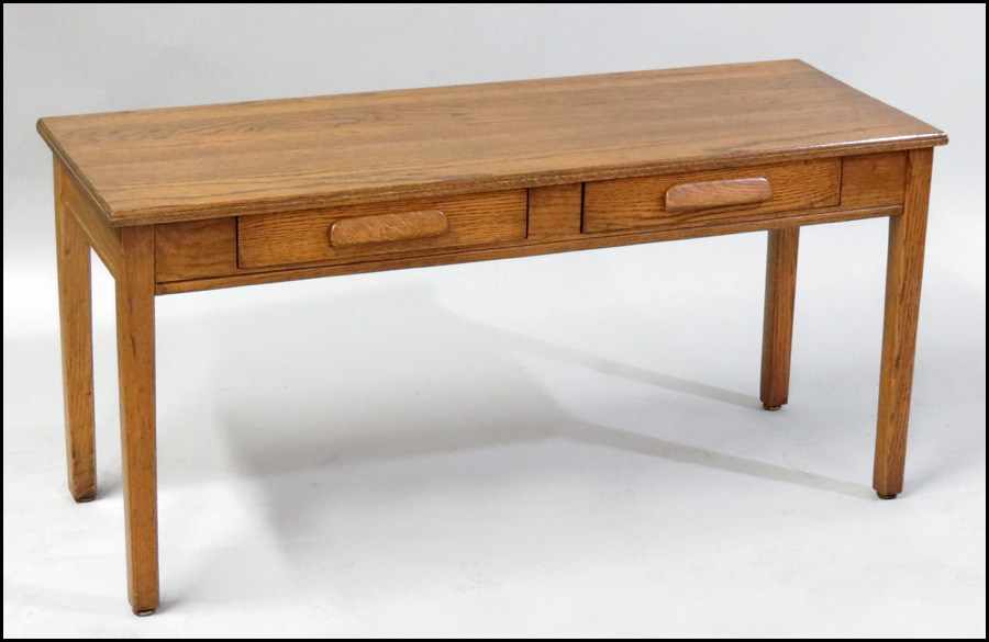 OAK TWO-DRAWER TABLE. H: 23'' W: