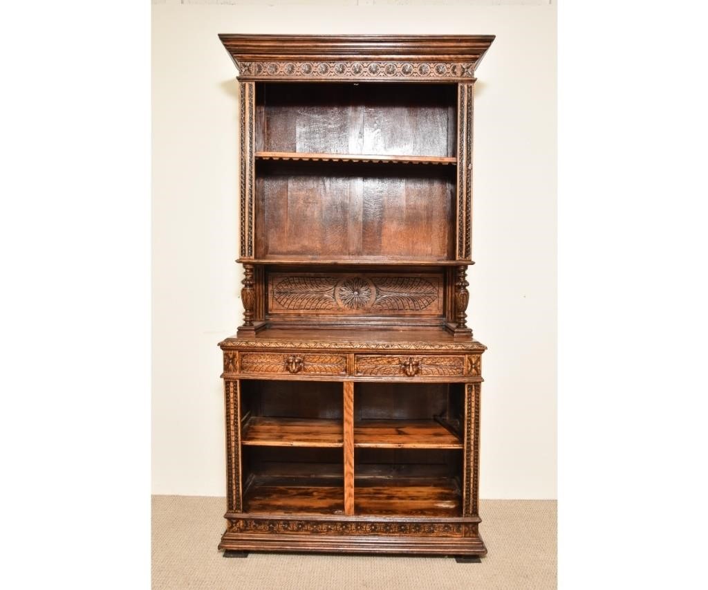 Oak two-piece open shelf cupboard