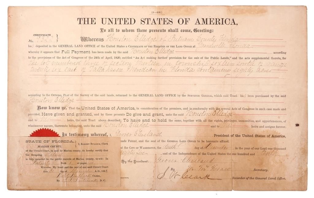 OCALA GOVERNMENT LAND SALE 1885