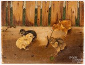 OIL ON ARTIST BOARD OF CHICKS,