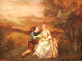 OIL ON BOARD COURTING SCENE IN