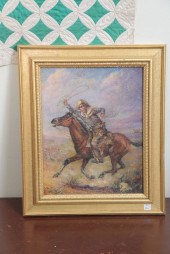 OIL ON BOARD. Depicting a cowb