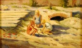 OIL ON BOARD DEPICTING THREE C