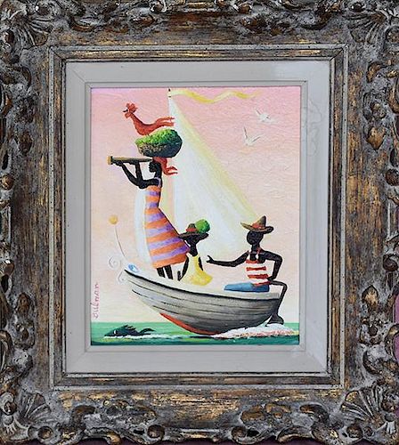 OIL ON BOARD FIGURES IN A BOAT