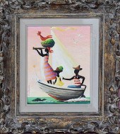OIL ON BOARD FIGURES IN A BOAT