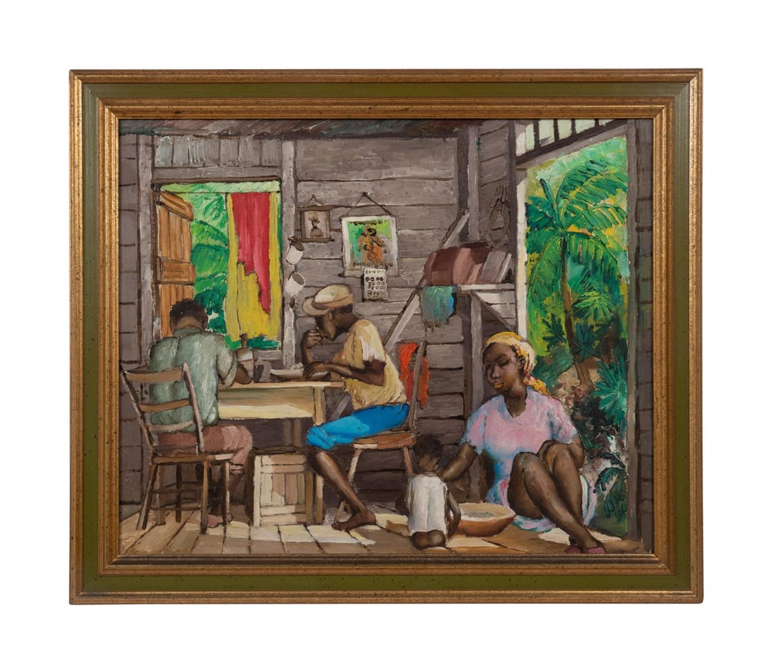 OIL ON BOARD, FIGURES ON A PORCH,