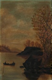 OIL ON BOARD FISHERMAN IN RIVE
