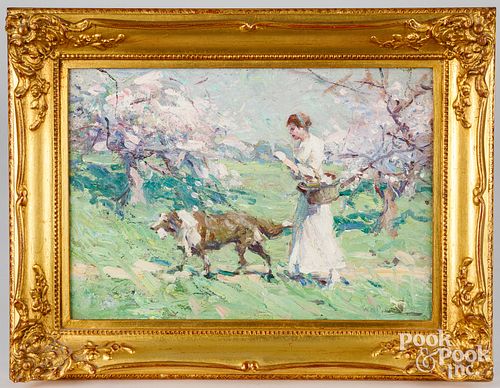 OIL ON BOARD LANDSCAPE WITH WOMAN
