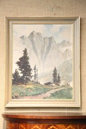OIL ON BOARD. Mountainscape wi