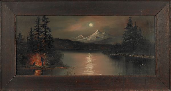 Oil on board of a camp fire scene