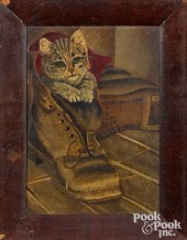 OIL ON BOARD OF A CAT IN A BOO