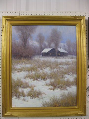 Oil on Board of Cabin in the Winter
