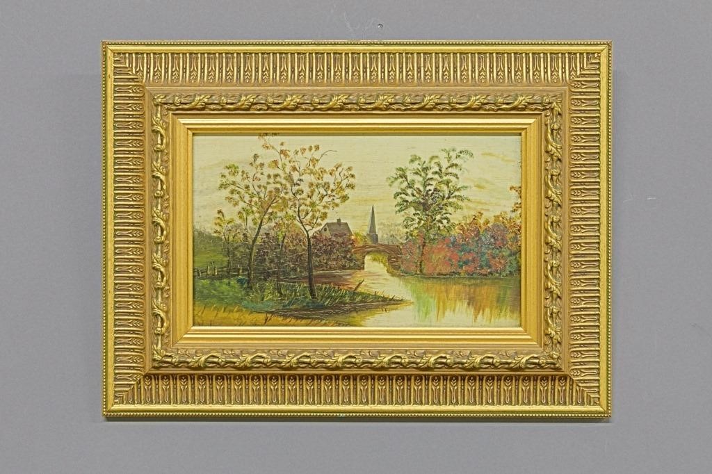 Oil on board of village and water
