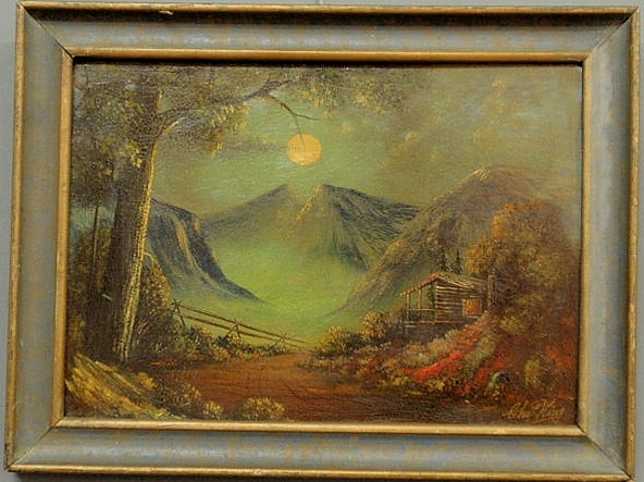 Oil on board painting of a cabin on
