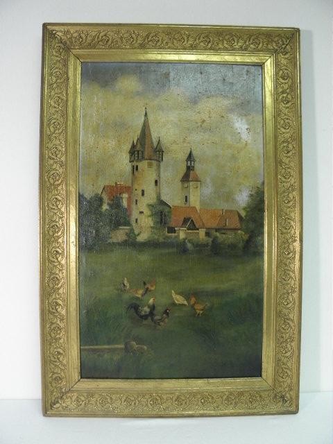 Oil on board painting of an