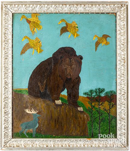 OIL ON BOARD PRIMITIVE BEAR, DUCKS,