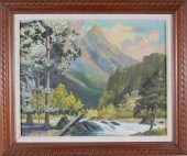 OIL ON BOARD, RIVER AND MOUNTA