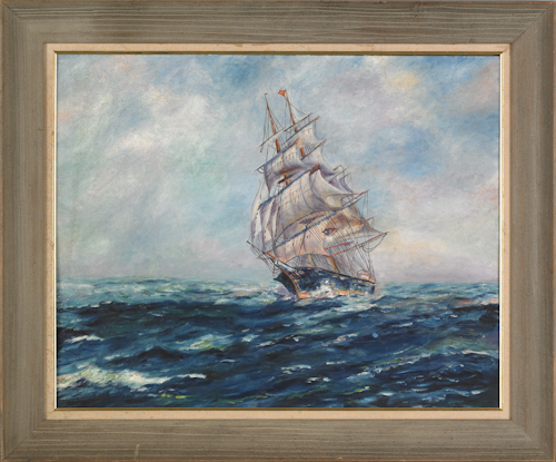 Oil on board seascape of a sail