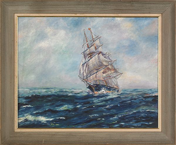 Oil on board seascape of a sail