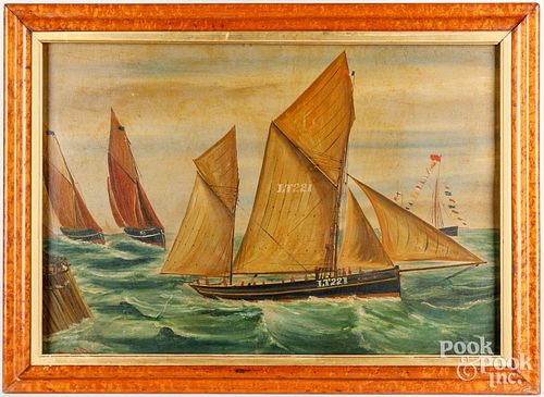 OIL ON BOARD YACHT RACING SCENE,