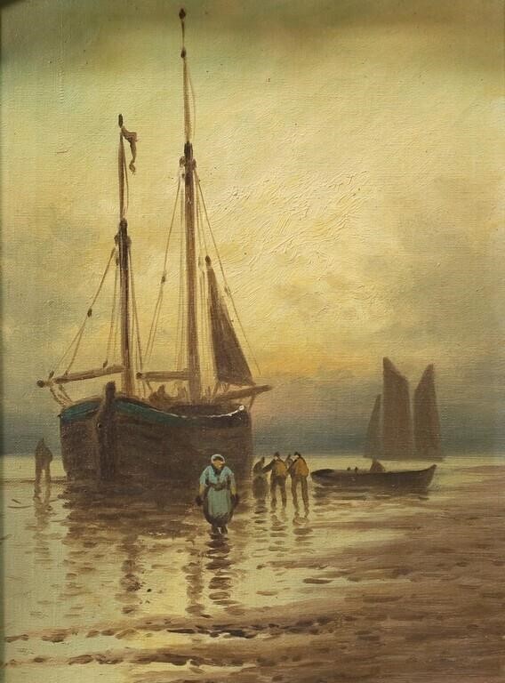 OIL ON CANVAS BOATS AT SHOREOil