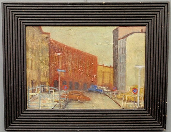 Oil on canvas city scene with