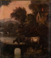 OIL ON CANVAS COWS IN LANDSCAP