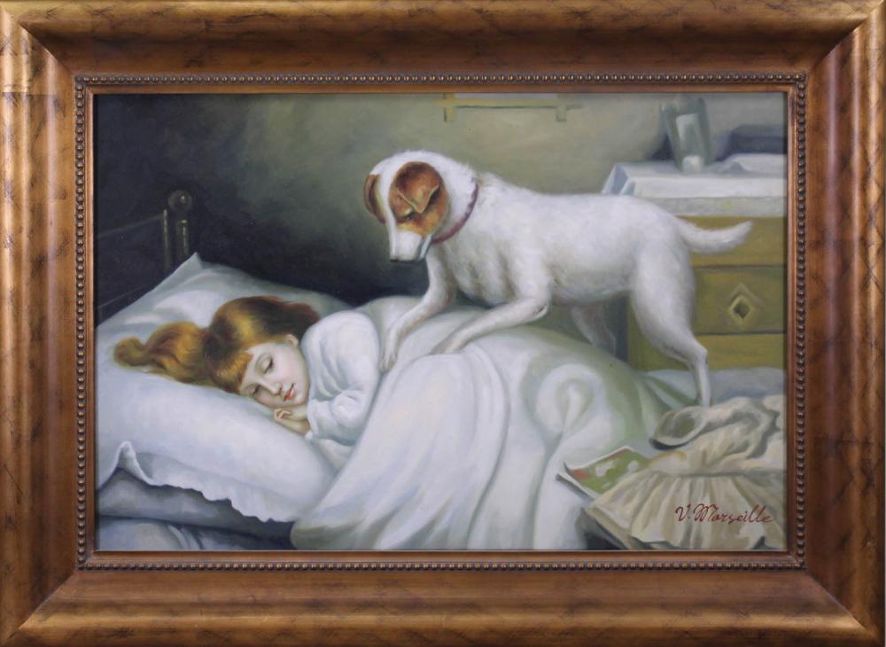OIL ON CANVAS, DOG WAKING A GIRL IN