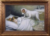 OIL ON CANVAS, DOG WAKING A GI