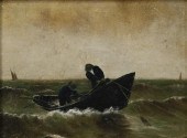 OIL ON CANVAS FISHERMEN AT SEA