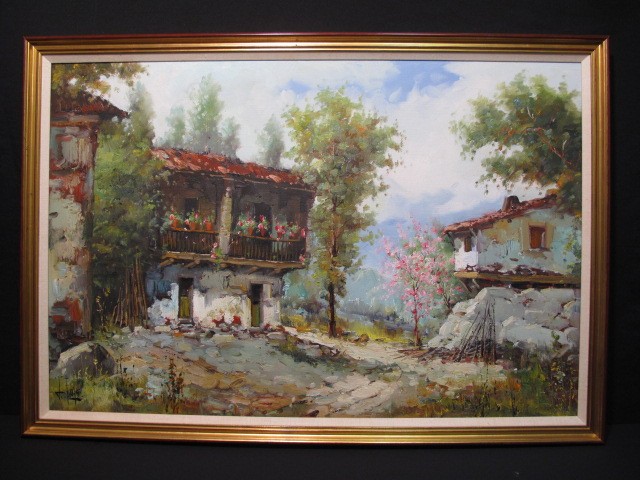 Oil on canvas framed village