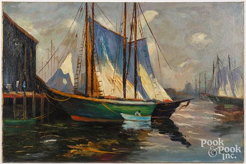 OIL ON CANVAS HARBOR SCENE OF