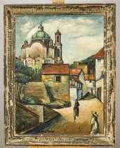 Oil on canvas of a village sce