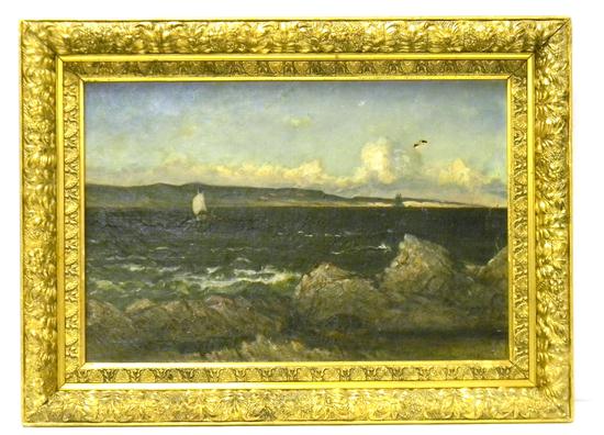 Oil on canvas of river scene  boats