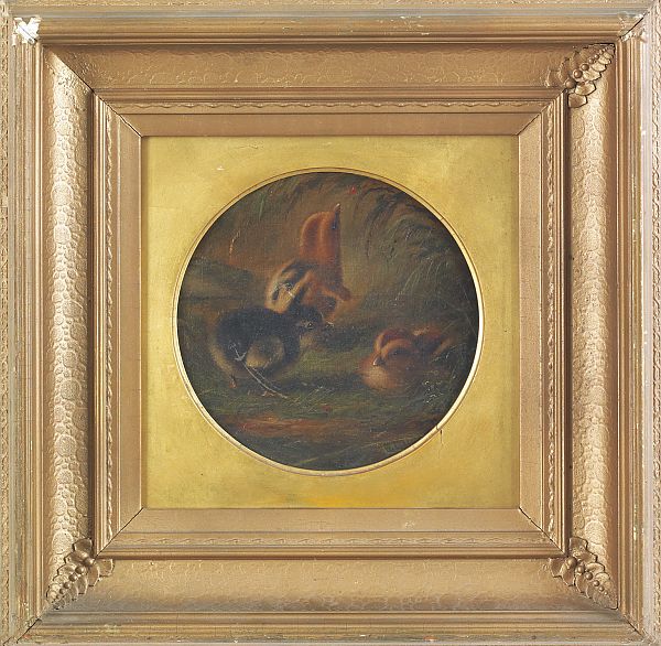 Oil on canvas of three chicks