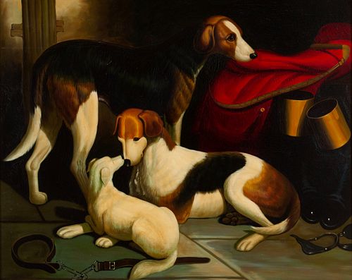 OIL ON CANVAS OF THREE DOGS