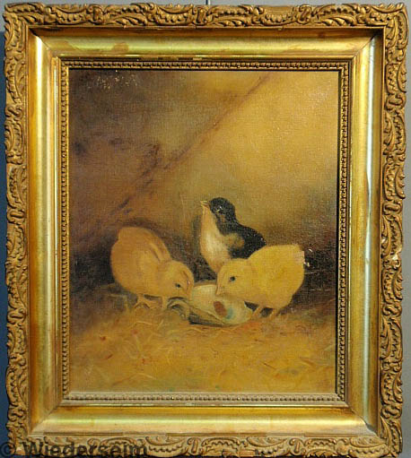 Oil on canvas painting of chicks