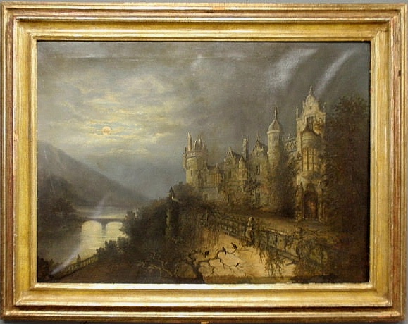 Oil on canvas painting of a moonlit