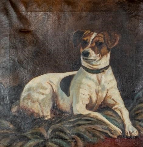OIL ON CANVAS PORTRAIT OF A DOG19th