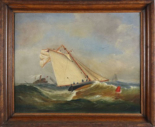 OIL ON CANVAS "RACING YACHT IN