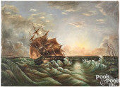 OIL ON CANVAS SHIPS AT STORMY